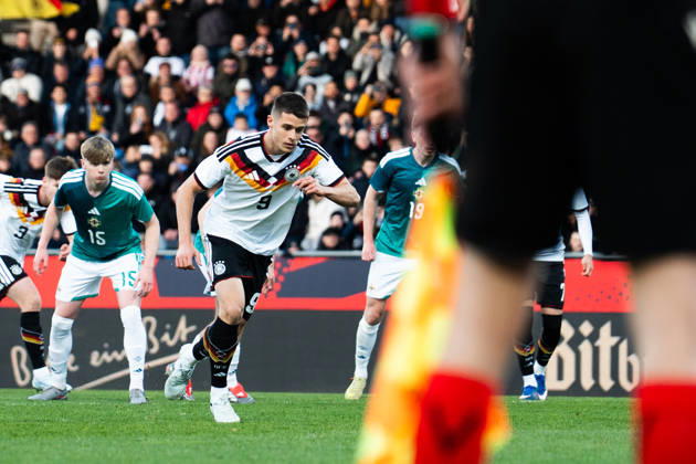 Germany U21 EM Qualification 2025 2026, Germany U21 vs Northern Ireland U21, Friday 27 03 2026, Eintracht Stadion Braunschweig Goal to 1 0 by Nicolo Tresoldi Penalty kick Copyright: xCelinaxLeiersx