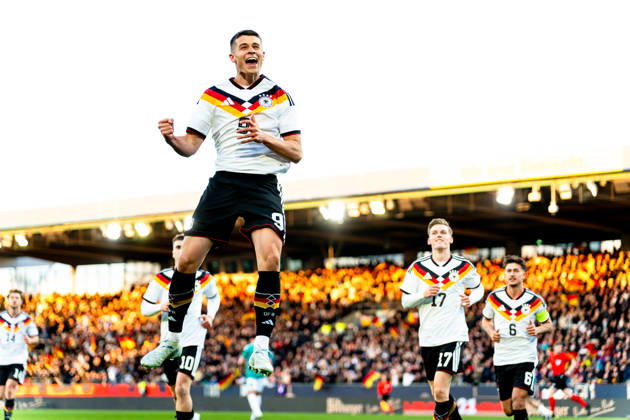 Germany U21 European Championship Qualification 2025 2026, Germany U21 vs Northern Ireland U21, Friday 27 03 2026, Eintracht Stadion Braunschweig Goal for 1 0 by Nicolo Tresoldi Penalty kick Cheers Joy Emotions Goal celebration DFB U21 national team Copyright: xCelinaxLeiersx