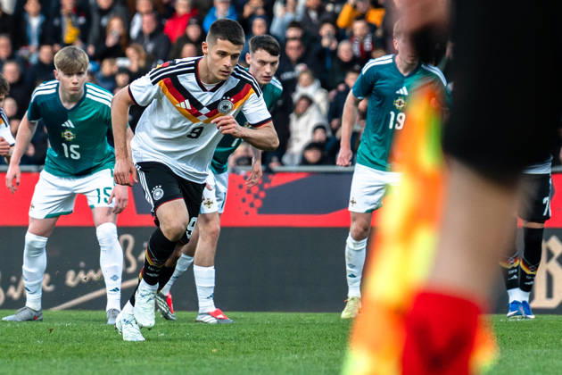 Germany U21 EM Qualification 2025 2026, Germany U21 vs Northern Ireland U21, Friday 27 03 2026, Eintracht Stadion Braunschweig DFB U21 Nationalmannschaft Goal to 1 0 by Nicolò Tresoldi penalty kick Copyright: xCelinaxLeiersx