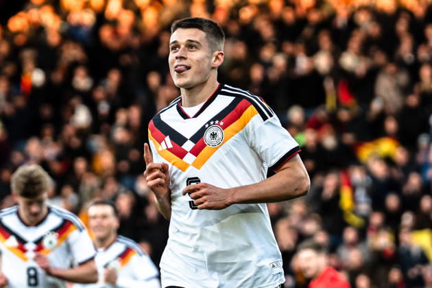 Germany U21 EM Qualification 2025 2026, Germany U21 vs Northern Ireland U21, Friday 27 03 2026, Eintracht Stadion Braunschweig DFB U21 Nationalmannschaft Goal to 1 0 by NicolÃ² Tresoldi Penalty kick Cheers Joy Emotions Goal celebration Copyright: xCelinaxLeiersx