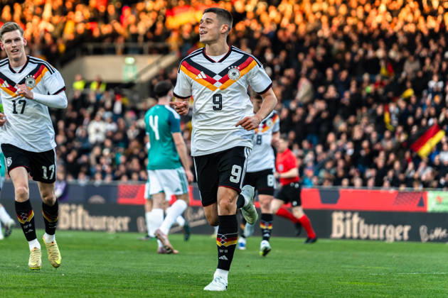 Germany U21 EM Qualification 2025 2026, Germany U21 vs Northern Ireland U21, Friday 27 03 2026, Eintracht Stadion Braunschweig DFB U21 Nationalmannschaft Goal to 1 0 by NicolÃ² Tresoldi Penalty kick Cheers Joy Emotions Goal celebration Copyright: xCelinaxLeiersx