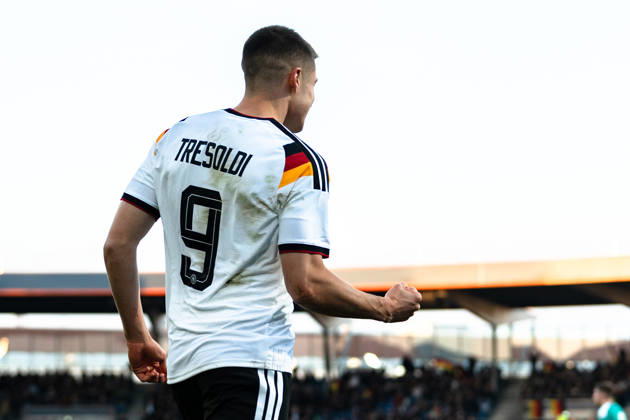 Germany U21 EM Qualification 2025 2026, Germany U21 vs Northern Ireland U21, Friday 27 03 2026, Eintracht Stadion Braunschweig DFB U21 Nationalmannschaft Goal to 1 0 by NicolÃ² Tresoldi Penalty kick Cheers Joy Emotions Goal celebration Copyright: xCelinaxLeiersx