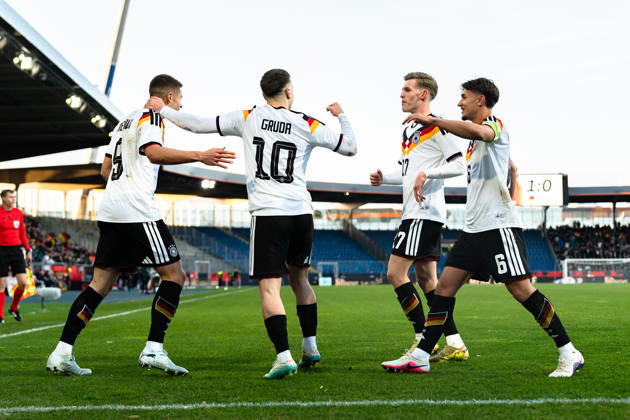 Germany U21 European Championship Qualification 2025 2026, Germany U21 vs Northern Ireland U21, Friday 27 03 2026, Eintracht Stadion Braunschweig DFB U21 Nationalmannschaft Goal for 1 0 by NicolÃ² Tresoldi Penalty kick Cheers Joy Emotions Goal celebration Brajan Gruda Anton Kade Tom Bischof Copyright: xCelinaxLeiersx