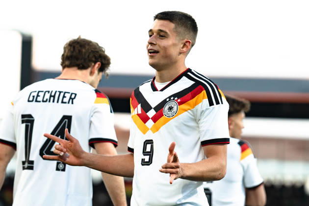 Germany U21 EM Qualification 2025 2026, Germany U21 vs Northern Ireland U21, Friday 27 03 2026, Eintracht Stadion Braunschweig DFB U21 Nationalmannschaft Goal to 1 0 by NicolÃ² Tresoldi Penalty kick Cheers Joy Emotions Goal celebration Copyright: xCelinaxLeiersx