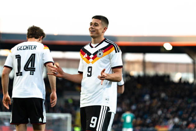 Germany U21 EM Qualification 2025 2026, Germany U21 vs Northern Ireland U21, Friday 27 03 2026, Eintracht Stadion Braunschweig DFB U21 Nationalmannschaft Goal to 1 0 by NicolÃ² Tresoldi Penalty kick Cheers Joy Emotions Goal celebration Copyright: xCelinaxLeiersx
