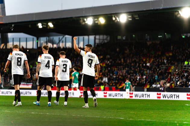 Germany U21 EM Qualification 2025 2026, Germany U21 vs Northern Ireland U21, Friday 27 03 2026, Eintracht Stadion Braunschweig DFB U21 Nationalmannschaft Goal to 2 0 by NicolÃ² Tresoldi Cheers Joy Emotions Goal celebration Aljoscha Kemlein Finn Jeltsch Lukas Ullrich Copyright: xCelinaxLeiersx