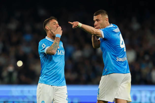 Napoli™s Matteo Politano celebrates after scoring goal 1-0 during the Serie A soccer match between Napoli and Milan at the Diego Armando Maradona Stadium in Naples, southern italy - Monday , April 06 , 2026. - Soccer . Copyright: xAlessandroxGarofalo LaPressex