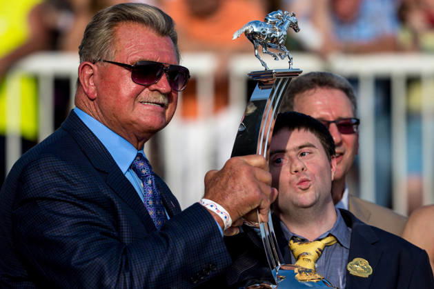 Aug. 16, 2014 - Arlington Heights, IL, U.S. - AUG 16, 2014: Hardest Core owner Andrew Bentley (right) and Mike Ditka after winning the Arlington Million at Arlington International Race Track in Arlington Heights, IL. Jon Durr ESW Cal Media Copyright: xJonxDurrx