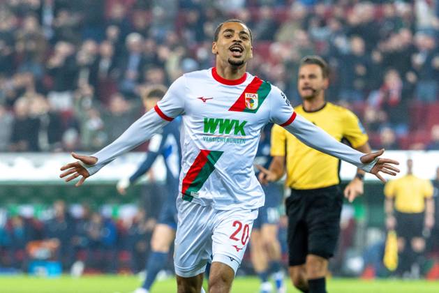 Goal celebration, cheers after his goal to 1 0 by Alexis Claude Maurice FC Augsburg , FC Augsburg vs VfB Stuttgart, Soccer, 1 Bundesliga, 27 Matchday, 22 03 2026 DFB regulations prohibit any use of photographs as image sequences and or quasi video Copyright: xkolbert-press PeterxFastlx