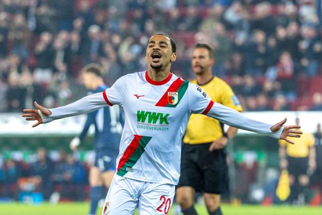 Goal celebration, cheers after his goal to 1 0 by Alexis Claude Maurice FC Augsburg , FC Augsburg vs VfB Stuttgart, Soccer, 1 Bundesliga, 27 Matchday, 22 03 2026 DFB regulations prohibit any use of photographs as image sequences and or quasi video Copyright: xkolbert-press PeterxFastlx