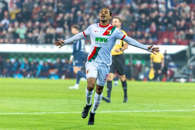 Goal celebration, cheers after his goal to 1 0 by Alexis Claude Maurice FC Augsburg , FC Augsburg vs VfB Stuttgart, Soccer, 1 Bundesliga, 27 Matchday, 22 03 2026 DFB regulations prohibit any use of photographs as image sequences and or quasi video Copyright: xkolbert-press PeterxFastlx
