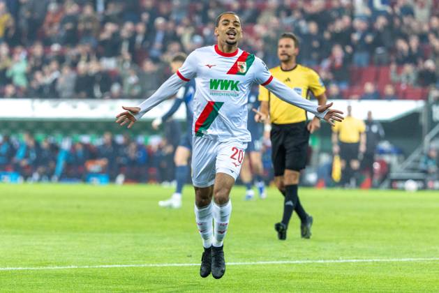Goal celebration, cheers after his goal to 1 0 by Alexis Claude Maurice FC Augsburg , FC Augsburg vs VfB Stuttgart, Soccer, 1 Bundesliga, 27 Matchday, 22 03 2026 DFB regulations prohibit any use of photographs as image sequences and or quasi video Copyright: xkolbert-press PeterxFastlx