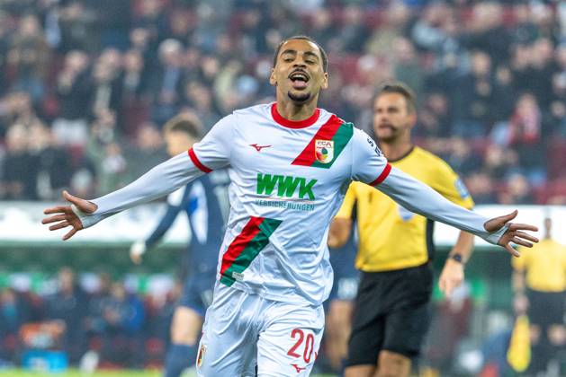 Goal celebration, cheers after his goal to 1 0 by Alexis Claude Maurice FC Augsburg , FC Augsburg vs VfB Stuttgart, Soccer, 1 Bundesliga, 27 Matchday, 22 03 2026 DFB regulations prohibit any use of photographs as image sequences and or quasi video Copyright: xkolbert-press PeterxFastlx