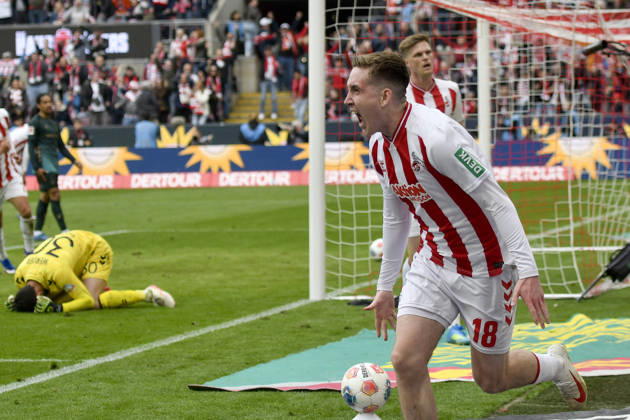 Isak Johannesson Koeln 18 cheers after scoring 3 1 12 04 2026 ¢ Football ¢ 1 FC Koeln vs SV Werder Bremen, Rheinenergiestadion, Koeln, DFB DFL REGULATIONS PROHIBIT ANY USE OF PHOTOGRAPHS AS IMAGE SEQUENCES AND OR QUASI VIDEO Copyright: xpepphotox xHorstxMauelshagenx pep00321, pep_20260412_hm_334661