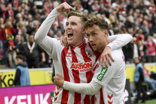 Isak Johannesson Koeln 18 celebrates after scoring the 3 1 goal with Luca Waldschmidt Koeln 7 12 04 2026 ¢ Football ¢ 1 FC Koeln vs SV Werder Bremen, Rheinenergiestadion, Koeln, DFB DFL REGULATIONS PROHIBIT ANY USE OF PHOTOGRAPHS AS IMAGE SEQUENCES AND OR QUASI VIDEO Copyright: xpepphotox xHorstxMauelshagenx pep00321, pep_20260412_hm_334700