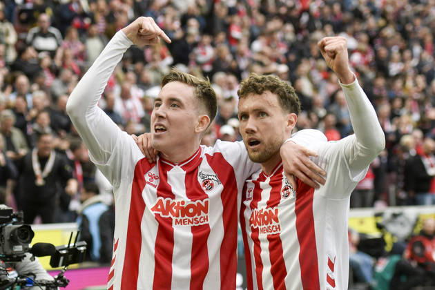 Isak Johannesson Koeln 18 celebrates after scoring the 3 1 goal with Luca Waldschmidt Koeln 7 12 04 2026 ¢ Football ¢ 1 FC Koeln vs SV Werder Bremen, Rheinenergiestadion, Koeln, DFB DFL REGULATIONS PROHIBIT ANY USE OF PHOTOGRAPHS AS IMAGE SEQUENCES AND OR QUASI VIDEO Copyright: xpepphotox xHorstxMauelshagenx pep00321, pep_20260412_hm_334701