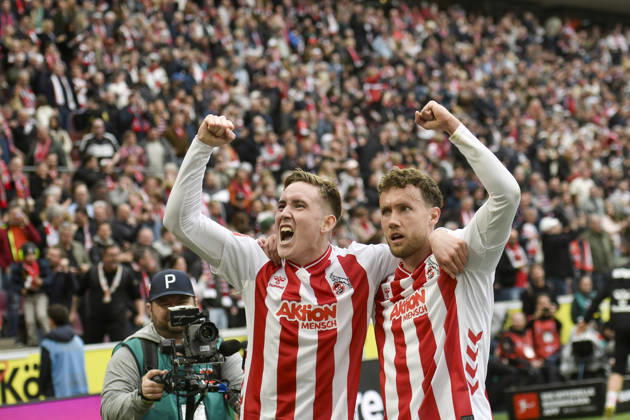 Isak Johannesson Koeln 18 celebrates after scoring the 3 1 goal with Luca Waldschmidt Koeln 7 12 04 2026 ¢ Football ¢ 1 FC Koeln vs SV Werder Bremen, Rheinenergiestadion, Koeln, DFB DFL REGULATIONS PROHIBIT ANY USE OF PHOTOGRAPHS AS IMAGE SEQUENCES AND OR QUASI VIDEO Copyright: xpepphotox xHorstxMauelshagenx pep00321, pep_20260412_hm_334705