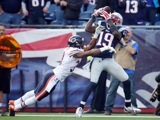 Oct. 26, 2014 - Foxborough, MA, USA - New England Patriots wide receiver Brandon LaFell (19) catches a touchdown over Chicago Bears defensive back Al Louis-Jean (39) in the second quarter Sunday, Oct. 26, 2014 at Gillette Stadium in Foxborough, Mass. The Patriots defeated the Bears 51-23. Copyright: xBrianxCassellax