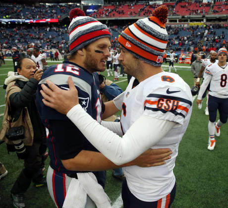 Oct. 26, 2014 - Foxborough, MA, USA - New England Patriots quarterback Tom Brady (12) and Chicago Bears quarterback Jay Cutler (6) talk after the game Sunday, Oct. 26, 2014 at Gillette Stadium in Foxborough, Mass. The Patriots defeated the Bears 51-23. Copyright: xBrianxCassellax