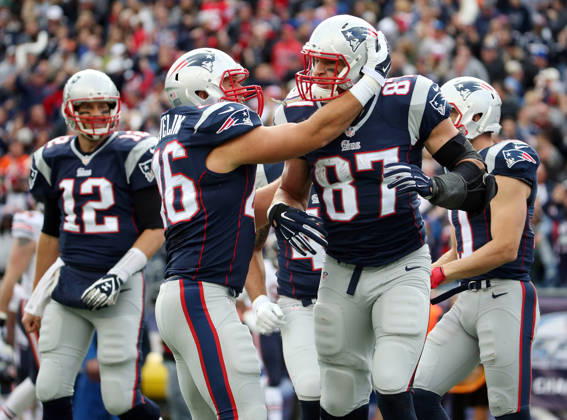 Oct. 26, 2014 - Foxborough, MA, USA - New England Patriots tight end Rob Gronkowski (87) celebrates his third touchdown of the game in the third quarter Sunday, Oct. 26, 2014 at Gillette Stadium in Foxborough, Mass. The Patriots defeated the Bears 51-23. Copyright: xBrianxCassellax