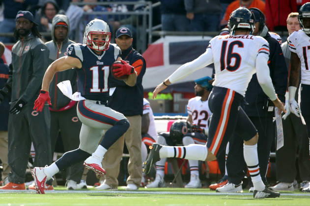 Oct. 26, 2014 - Foxborough, MA, USA - New England Patriots wide receiver Julian Edelman (11) returns a punt against Chicago Bears punter Pat O Donnell (16) in the second quarter Sunday, Oct. 26, 2014 at Gillette Stadium in Foxborough, Mass. The Patriots defeated the Bears 51-23. Copyright: xBrianxCassellax