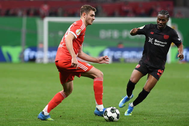 Josip Stanisic FC Bayern Muenchen and Nathan Tella Bayer 04 Leverkusen in a duel during the DFB Cup semifinal match between Bayer 04 Leverkusen v FC Bayern Munich, BayArena on April 22, 2026 in Leverkusen, Germany Photo by Ralf Treese DeFodi Images Josip Stanisic FC Bayern Muenchen and Nathan Tella Bayer 04 Leverkusen battle for the ball during the DFB Cup semifinal match between Bayer 04 Leverkusen and FC Bayern München at BayArena on April 22, 2026 in Leverkusen, Germany Photo by Ralf Treese DeFodi Images