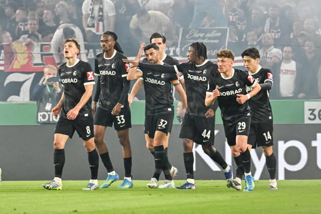 Celebration for the goal to 0 1 by Maximilian Eggestein SC Freiburg, 08 GER, VfB Stuttgart SC Freiburg, Football, DFB Pokal, Semi-final, Season 2025 2026, 23 04 2026 DFB REGULATIONS PROHIBIT ANY USE OF PHOTOGRAPHS AS IMAGE SEQUENCES AND OR QUASI VIDEO GER, VfB Stuttgart SC Freiburg, Football, DFB Pokal, Semi-final, Season 2025 2026, 23 04 2026 Stuttgart Copyright: xEibner-Pressefoto ThomasxHessx EP_THS