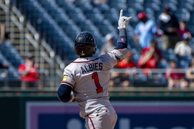 Atlanta Braves second baseman Ozzie Albies (1) celebrates hitting a home run in the top of the night inning during a game against the Washington Nationals at Nationals Park in Washington, DC on Thursday, April 23, 2026. The Braves beat the Nationals 7-2. WAP20260423336 BONNIExCASH