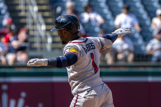 Atlanta Braves second baseman Ozzie Albies (1) celebrates hitting a home run in the top of the night inning during a game against the Washington Nationals at Nationals Park in Washington, DC on Thursday, April 23, 2026. The Braves beat the Nationals 7-2. WAP20260423338 BONNIExCASH