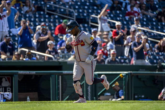 Atlanta Braves second baseman Ozzie Albies (1) celebrates hitting a home run in the top of the night inning during a game against the Washington Nationals at Nationals Park in Washington, DC on Thursday, April 23, 2026. The Braves beat the Nationals 7-2. WAP20260423339 BONNIExCASH