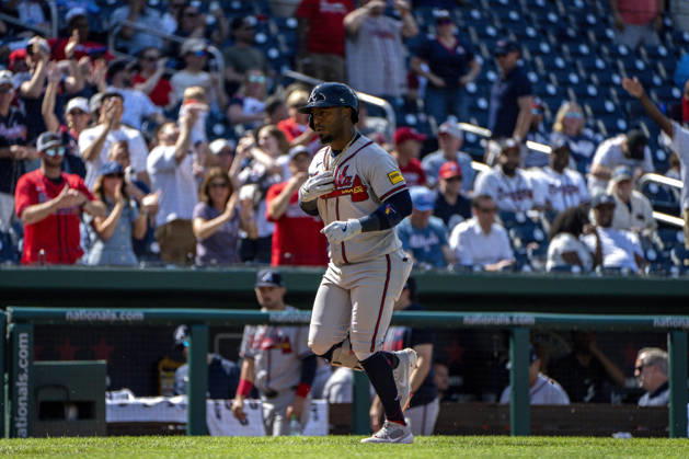 Atlanta Braves second baseman Ozzie Albies (1) celebrates hitting a home run in the top of the night inning during a game against the Washington Nationals at Nationals Park in Washington, DC on Thursday, April 23, 2026. The Braves beat the Nationals 7-2. WAP20260423340 BONNIExCASH