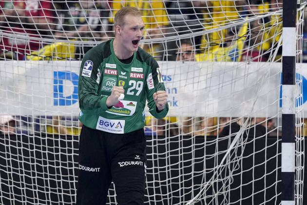 David Späth Goalkeeper, RNL, 29 , single picture, single photo, action, action, cheer, cheers, celebration, joy, rejoice, rejoicing, confident, optimistic, positive, game scene, 01 05 2026, Mannheim Germany , Handball, Bundesliga, Rhein Neckar Löwen MT Melsungen xozx