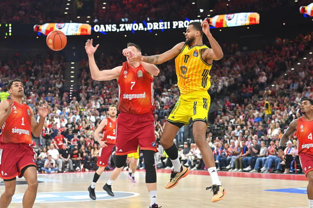 Johannes VOIGTMANN FCB , action,duel against Norris AGBAKOKO Berlin Basketball BBL,season 2025 2026 FC Bayern Muenchen Alba Berlin on 01 05 2026, S A P G A R D EN