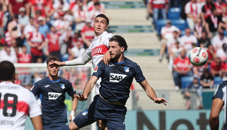 Sinsheim , Bundesliga TSG 1899 Hoffenheim vs VfB Stuttgart , from left Bilal El Khannouss VfB Fisnik Asllani Hoff