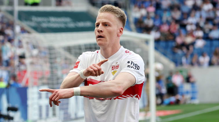 Sinsheim , Soccer Bundesliga TSG 1899 Hoffenheim vs VfB Stuttgart , Scorer Chris Führich VfB celebrates his goal for 1 1