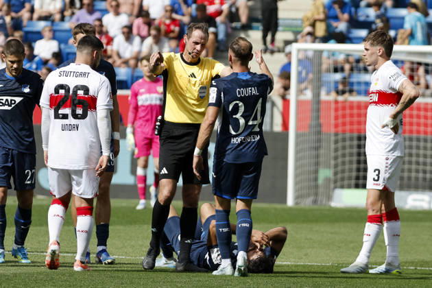 Ozan Kabak TSG Hoffenheim, 05 injured on the ground , Germany, Football, 1 Bundesliga, Matchday 32, 2025 2026, TSG Hoffenheim vs VfB Stuttgart, 02 05 2026, Sinsheim PreZero Arena Germany Copyright: xGrantxHubbsx