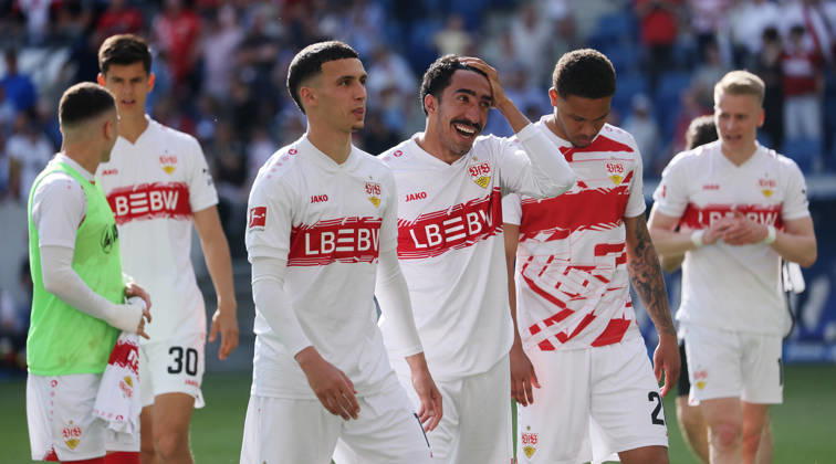 Sinsheim , Bundesliga TSG 1899 Hoffenheim vs VfB Stuttgart , front from l Bilai El Khannouss VfB , Tiago Tomas VfB , Nikolas Nartey VfB