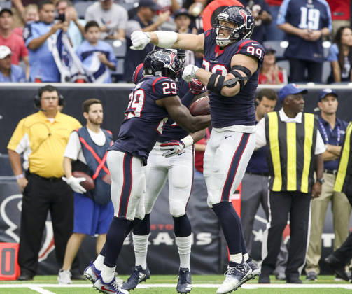 October 1, 2017: Houston Texans defensive end J.J. Watt (99) celebrates after an opening drive interception by Houston Texans free safety Andre Hal (29) in the first quarter during the NFL, American Football Herren, USA game between the Tennessee Titans and the Houston Texans at NRG Stadium in Houston, TX. John Glaser CSM. Copyright: xJohnxGlaserx