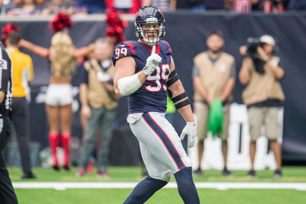 October 1, 2017: Houston Texans defensive end J.J. Watt (99) wags his finger after swatting down a pass during the 1st quarter of an NFL, American Football Herren, USA football game between the Houston Texans and the Tennessee Titans at NRG Stadium in Houston, TX. The Texans won the game 57-14...Trask Smith CSM Copyright: xTraskxSmithx
