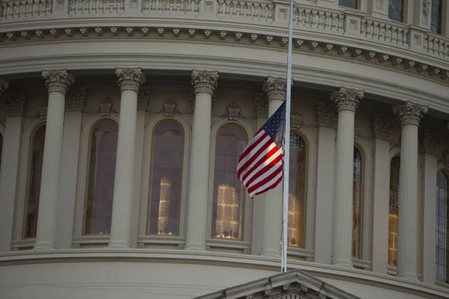 October 3, 2017 - Washington, District Of Columbia, USA - The flag of the United States of America flies at half-staff above the United States Capitol Building a day after the deadliest mass shooting in American history in Las Vegas, Nevada. Copyright: xAlexxEdelmanx