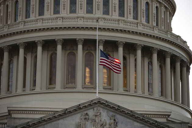 October 3, 2017 - Washington, District Of Columbia, USA - The flag of the United States of America flies at half-staff above the United States Capitol Building a day after the deadliest mass shooting in American history in Las Vegas, Nevada. Copyright: xAlexxEdelmanx
