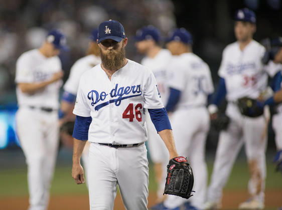 October 7, 2017 - Los Angeles, California, U.S - Relief pitcher, Josh Fields 46 of the Los Angeles Dodgers leaves the game during Game 2 of the NLDS against the Arizona Diamondbacks on Saturday October 7, 2017 at Dodger Stadium in Los Angeles, California. Dodgers defeat Diamondbacks, 8-5. Copyright: xJavierxRojasx