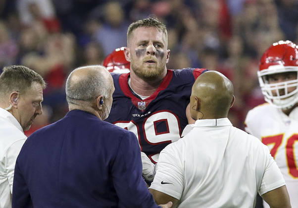 October 8, 2017: Houston Texans defensive end J.J. Watt (99) is helped off the field after sustaining a knee injury in the first quarter during the NFL, American Football Herren, USA game between the Kansas City Chiefs and the Houston Texans at NRG Stadium in Houston, TX. John Glaser CSM. Copyright: xJohnxGlaserx