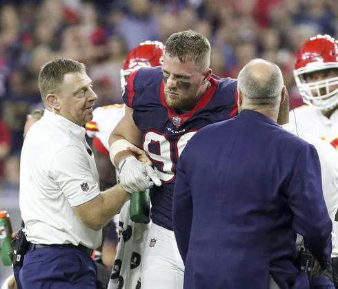 October 8, 2017: Houston Texans defensive end J.J. Watt (99) is helped off the field after sustaining a knee injury in the first quarter during the NFL, American Football Herren, USA game between the Kansas City Chiefs and the Houston Texans at NRG Stadium in Houston, TX. John Glaser CSM. Copyright: xJohnxGlaserx