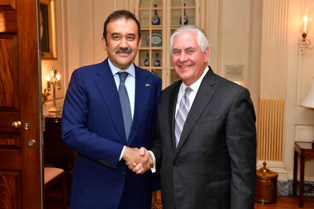 October 10, 2017 - Washington, DC, United States of America - U.S. Secretary of State Rex Tillerson shakes hands with the Kazakh State Security Service Chairman Karim Masimov prior to their bilateral meeting October 10, 2017 in Washington D.C. Copyright: xStatexDepartmentx