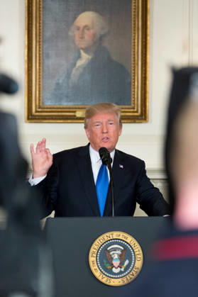 October 13, 2017 - Washington, DC, United States of America - U.S. President Donald Trump announces that he is taking the first step to ending the Iran nuclear agreement by refusing to certify to Congress that Iran is complying with the agreement in the Diplomatic Reception Room of the White House October 13, 2017 in Washington, DC. Trump vowed to end the landmark deal unless Congress and U.S. allies deliver on punitive measures targeting Tehranâ€⠢s missile program Copyright: xD.xMylesxCullenx