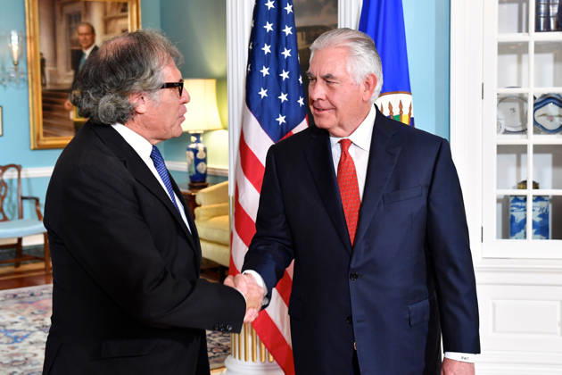 October 13, 2017 - Washington, DC, United States of America - U.S. Secretary of State Rex Tillerson shakes hands with Organization of American States Secretary General Luis Almagro prior to their bilateral meeting October 13, 2017 in Washington D.C. Copyright: xStatexDepartmentx