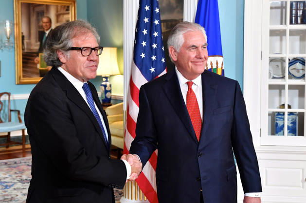 October 13, 2017 - Washington, DC, United States of America - U.S. Secretary of State Rex Tillerson shakes hands with Organization of American States Secretary General Luis Almagro prior to their bilateral meeting October 13, 2017 in Washington D.C. Copyright: xStatexDepartmentx