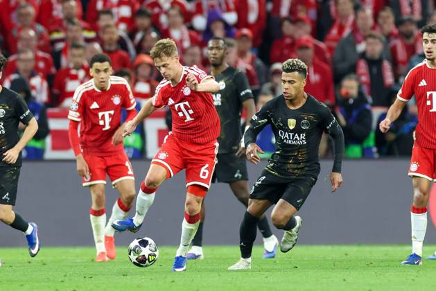 in duel, action, with Joshua Kimmich 6 FC Bayern Muenchen , Desire Doue 14 Paris Saint Germain , FC Bayern Muenchen vs Paris Saint Germain, football, UEFA, Champions League, semi-final, second leg, 06 05 2026 Muenchen Bayern Germany Copyright: xkolbert-press ChristianxKolbertx