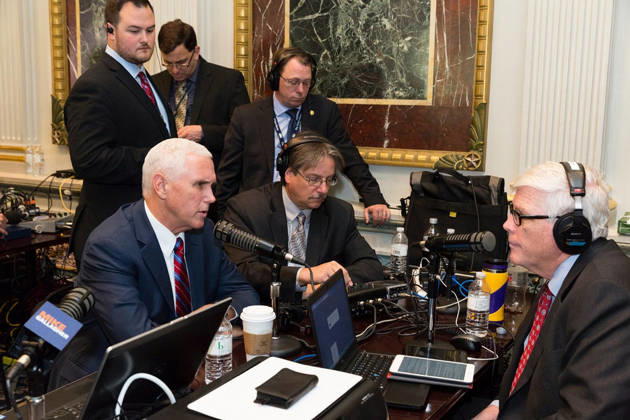 October 17, 2017 - Washington, DC, United States of America - U.S. Vice President Mike Pence speaks with conservative radio talkshow host Hugh Hewitt, right, as the White House hosts a talk radio row in the Old Executive Office Building October 17, 2017 in Washington, DC. The Trump administration is hoping to appeal directly to his grassroots through conservative talk radio to push for his tax reform program. Copyright: xWhitexHousex